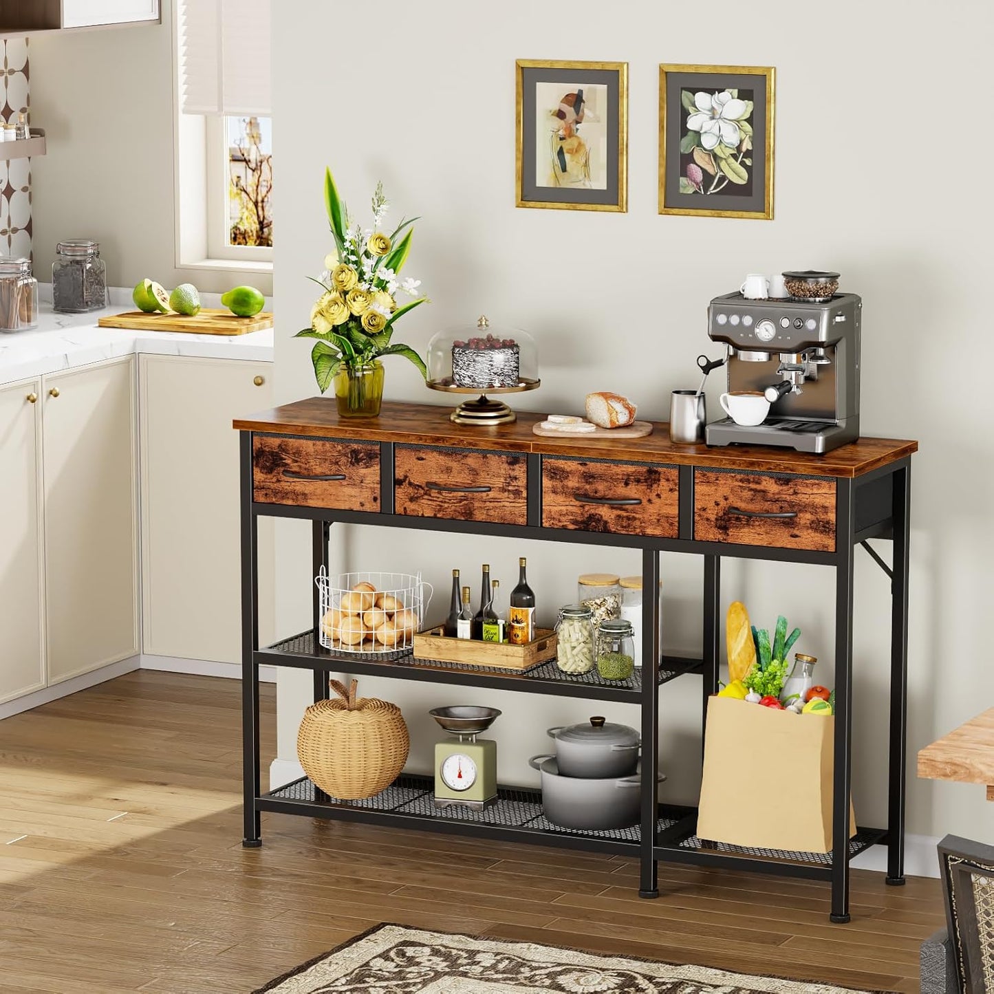 47-Inch Industrial Entryway Console Table with Four Fabric Drawers and Metal Mesh Shelf, Rustic Brown Wooden Top and Sturdy Metal Frame