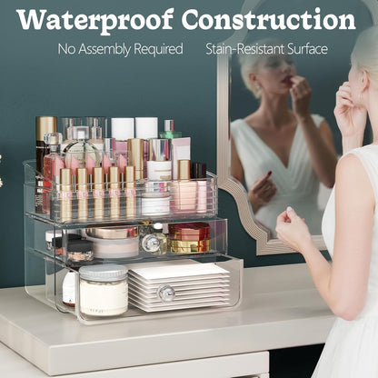 Makeup Organizer with Large Drawers, Bathroom Counter Skincare Organizer for Vanity,Storage Box with Handle, Cosmetic Display Case for Vanity Countertop, Skincare Perfume Storage, Clear