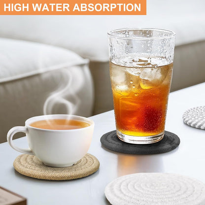 12 Pcs Boho Drink Coasters,Minimalist Cotton Handmade Woven Absorbent Drink Coasters,Heat Resistant Cotton Coasters for Coffee Table, Kitchen, Home Decoration