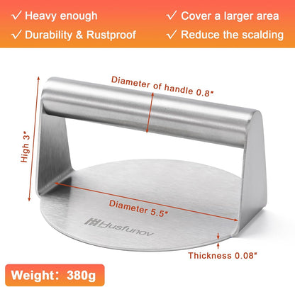 Stainless Steel Burger Press, 5.5 Inch round Smasher,Non-Stick Smooth Hamburger Press,Flat Bottom without Ridges, for Cooking Burgers, Bacon, Ground Beef, Meats, Sausage and so On