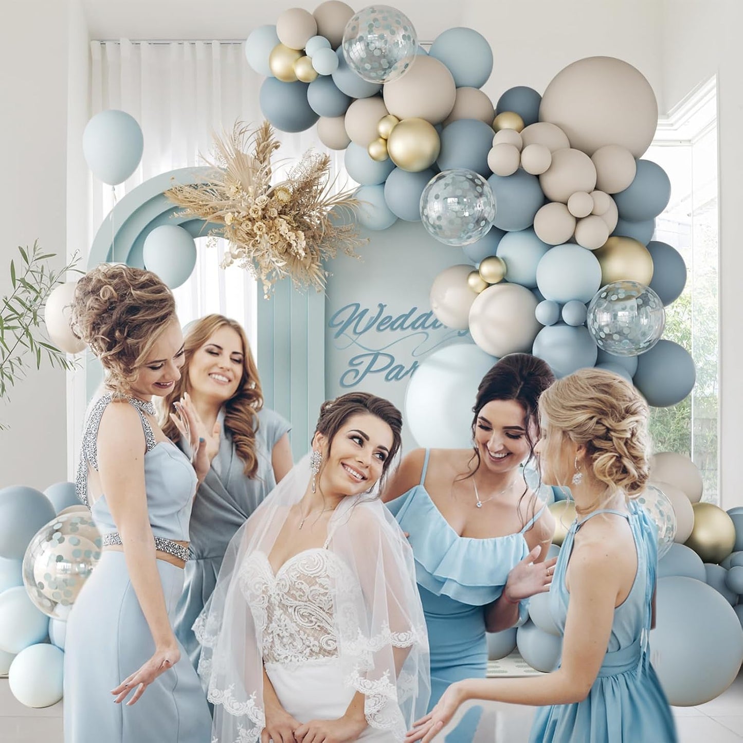 141Pcs Dusty Blue Balloons, Dusty Blue Balloon Arch Kit with Gold White Sand Pastel Blue Confetti Balloons for Gender Reveal Birthday Baby Shower Decorations