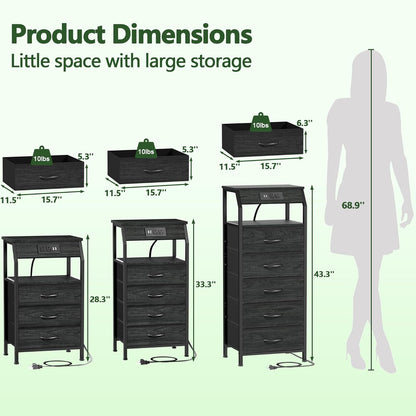 Black Oak Night Stand with Charging Station - 28.3 Inch Tall Side Table Featuring Fabric Drawers, Storage Shelf, USB Ports, and Outlets for Versatile Bedroom Use