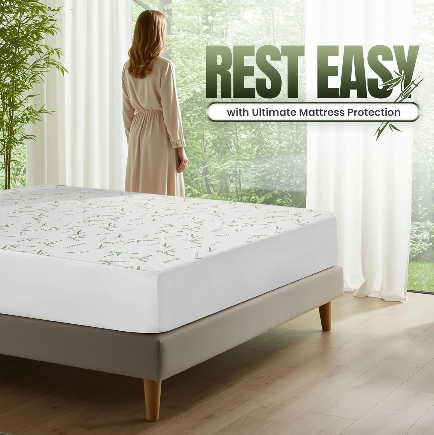 Waterproof Cooling Mattress Protector Queen Size, 200 GSM Viscose Made from Bamboo Mattress Cover, Fits 17 Inches Deep, Fitted Style with Stretchable Pockets