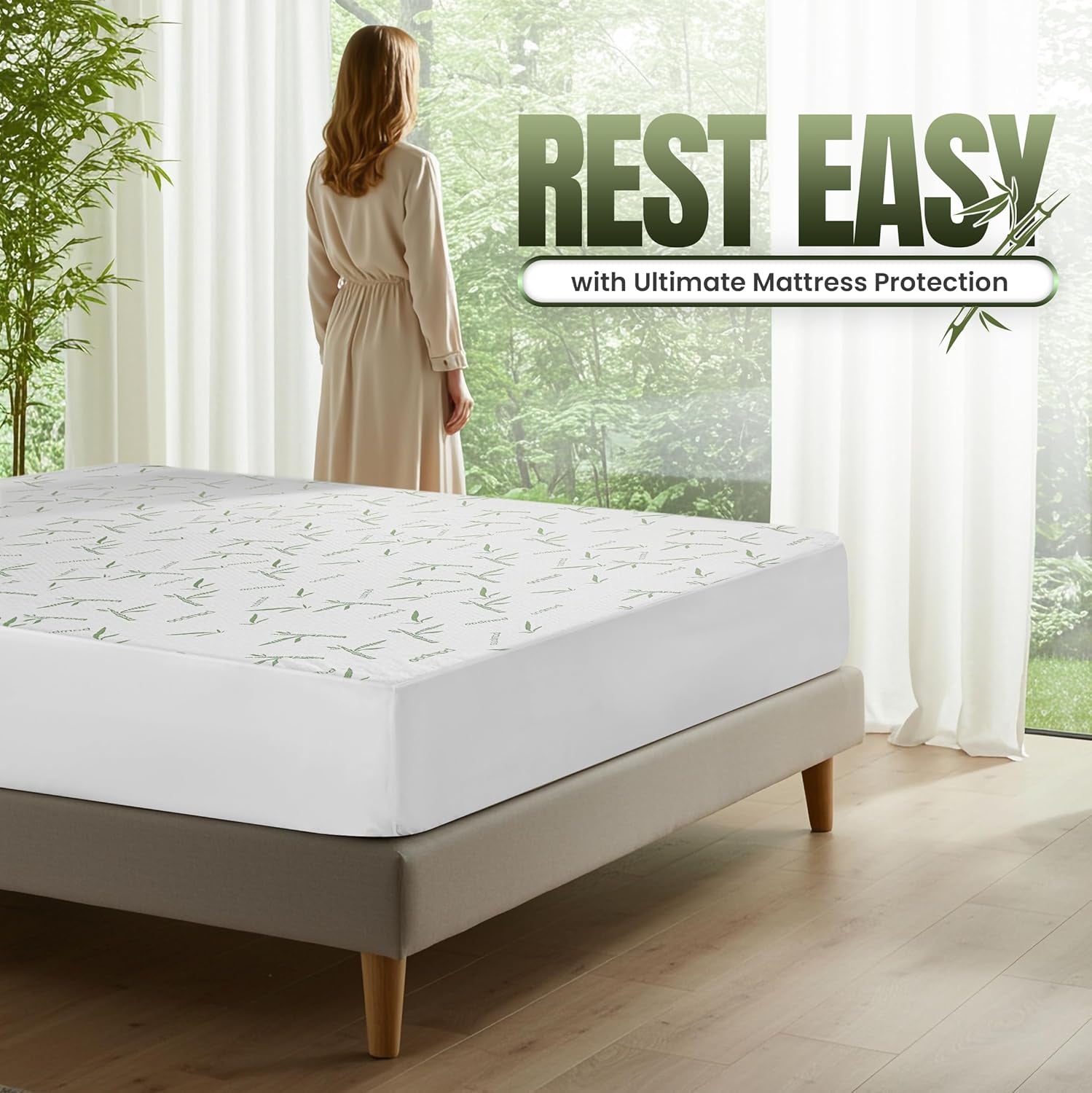 Waterproof Cooling Mattress Protector Queen Size, 200 GSM Viscose Made from Bamboo Mattress Cover, Fits 17 Inches Deep, Fitted Style with Stretchable Pockets