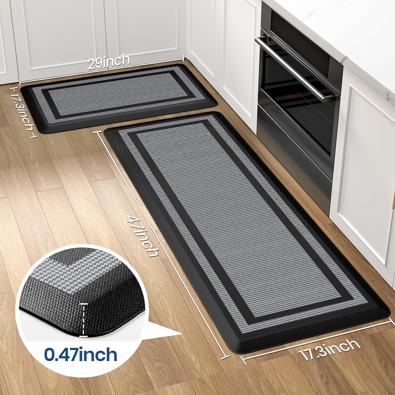 [2 PCS Kitchen Rugs Cushioned Anti-Fatigue Kitchen Mats for Floor Waterproof Kitchen Rug Set Non-Slip Comfort Standing Mat for Office, Sink, Laundry 17.3"×29"+17.3"×47",Black