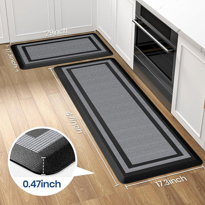 [2 PCS Kitchen Rugs Cushioned Anti-Fatigue Kitchen Mats for Floor Waterproof Kitchen Rug Set Non-Slip Comfort Standing Mat for Office, Sink, Laundry 17.3"×29"+17.3"×47",Black