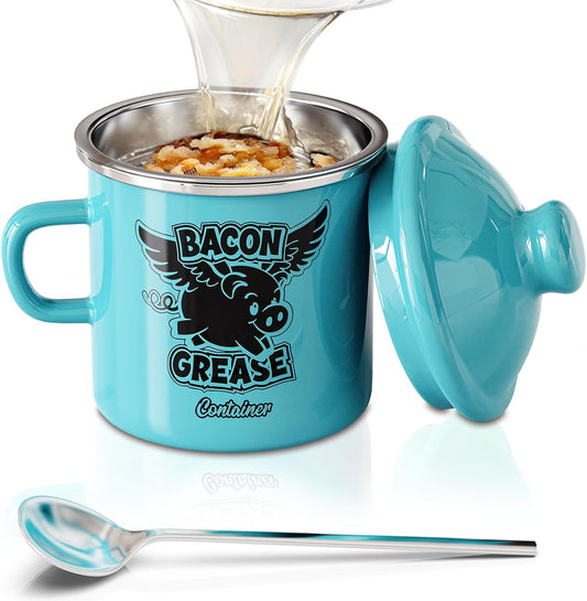 Mini Bacon Grease Container with Strainer - 15OZ Farmhouse Enamel Grease Saver, Fat Storage for Kitchen, Dishwasher Safe-Light Blue