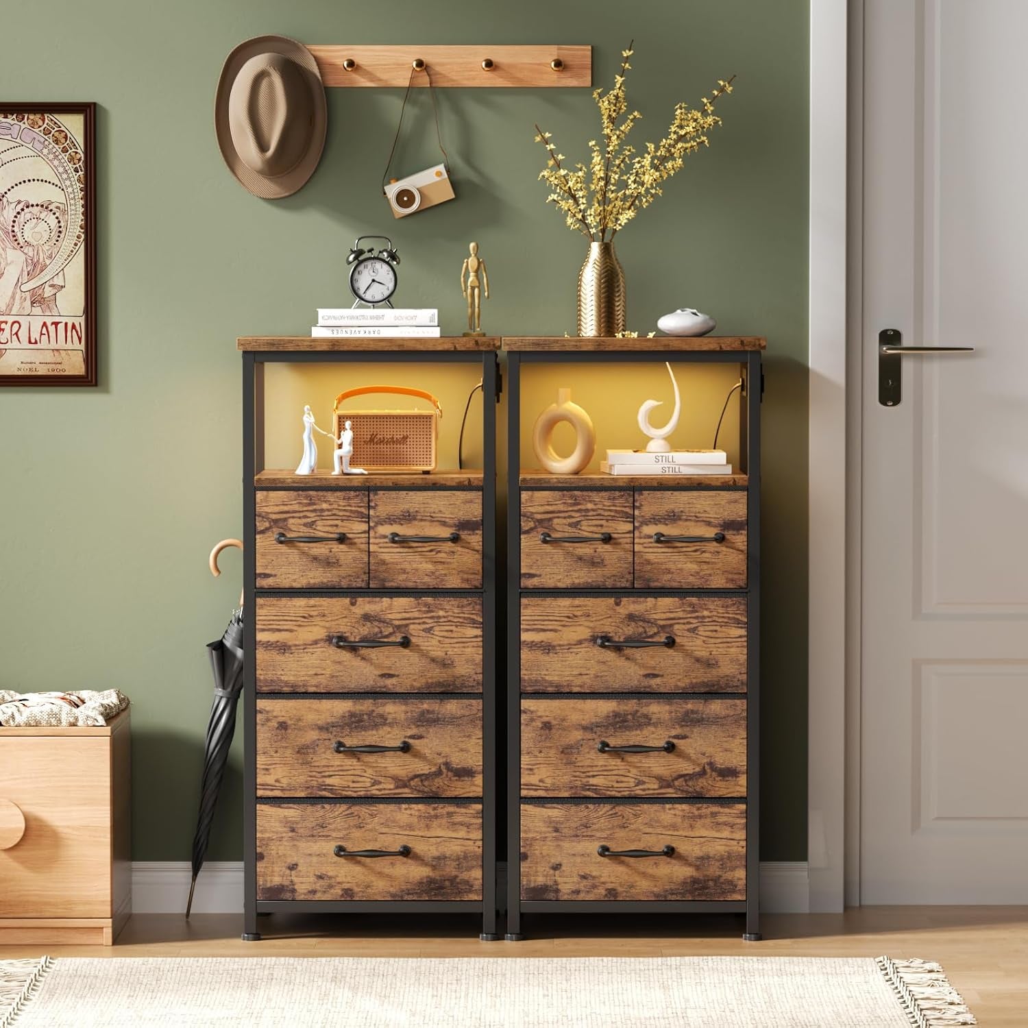 Rustic Brown Vertical Chest with Wood Top, Charging Station, LED Lights, and 5 Fabric Bins - Multifunctional Dresser and Nightstand for Bedroom and Entryway