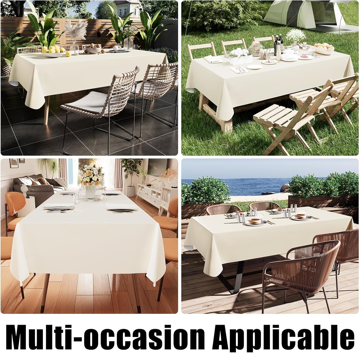 Beige 60x84 Inch Waterproof Vinyl Rectangle Tablecloth - Oil Spill Resistant Plastic Cover for Dining, Picnics, Camping, and Outdoor Use