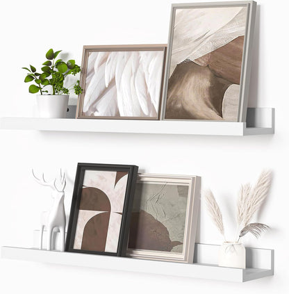 Picture Ledge Shelf, Floating Shelves Set of 2, 24 Inches Picture Shelf for Wall with Ledge, Kids Bookshelf Wall Mounted for Living Room Bedroom Decor Books Photo Frames - White
