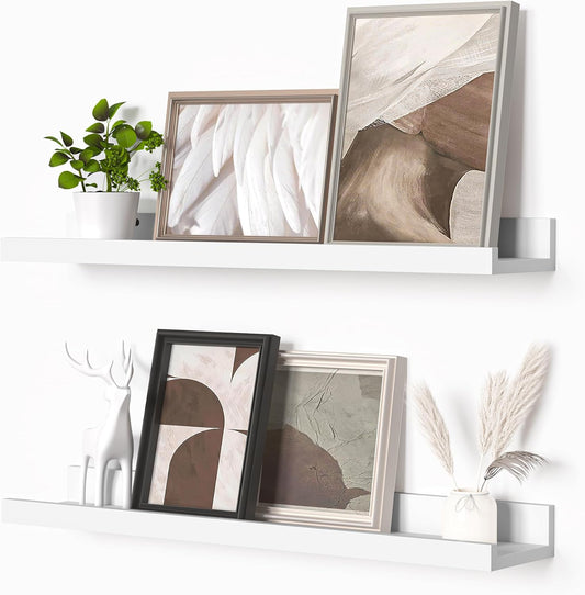 Picture Ledge Shelf, Floating Shelves Set of 2, 24 Inches Picture Shelf for Wall with Ledge, Kids Bookshelf Wall Mounted for Living Room Bedroom Decor Books Photo Frames - White