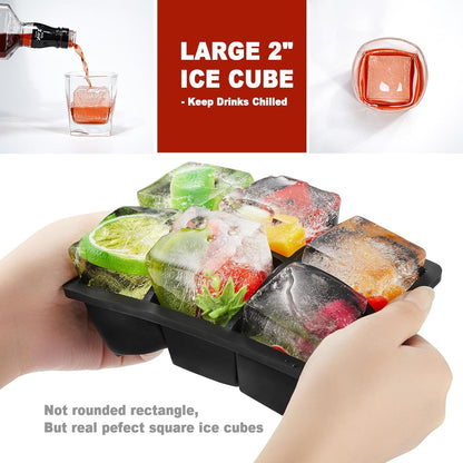 Large Ice Cube Tray with Lid Pack of 2, Stackable 2 Inch Big Silicone Square Ice Cube Mold for Whiskey Cocktails Bourbon Soups Frozen Treats, BPA Free