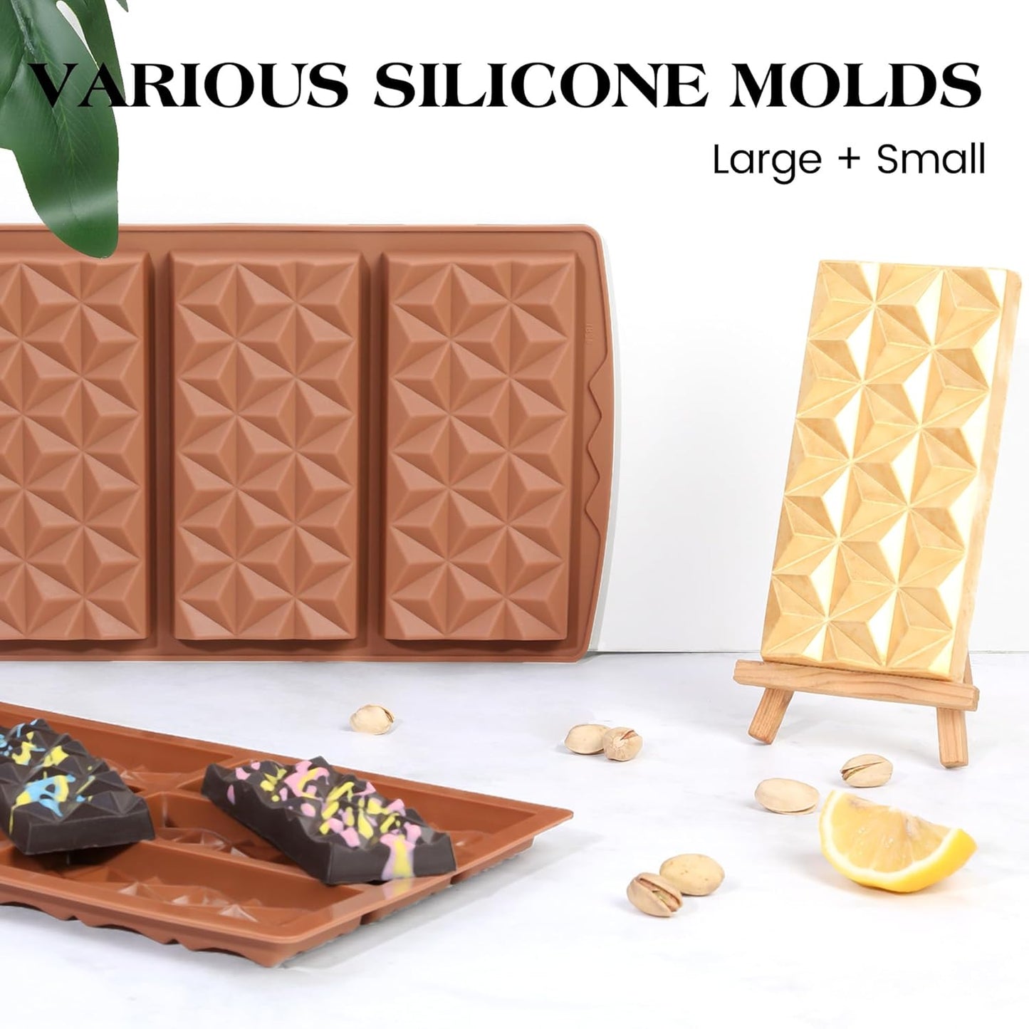 Large Silicone Mold Set for Deep Dubai Chocolate Bars - 3 Piece Pyramid-Shaped Molds for Knafeh, Pistachio, and Thick Candy Fillings