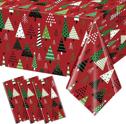 3 Pack Christmas Tree Table Cloth for Rectangle Table, Red Green Xmas Disposable Plastic Table Cover Waterproof Christmas Table Decorations for Winter Holiday New Year Party Supplies, 54X108 Inch