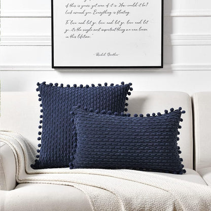 Set of 2 Navy Blue Decorative Throw Pillow Covers 18X18 Inch with Pom-Poms for Couch Bedroom Living Room, Modern Farmhouse Boho Home Decor, Soft Plush Corduroy Cute Cushion Case 45X45 Cm