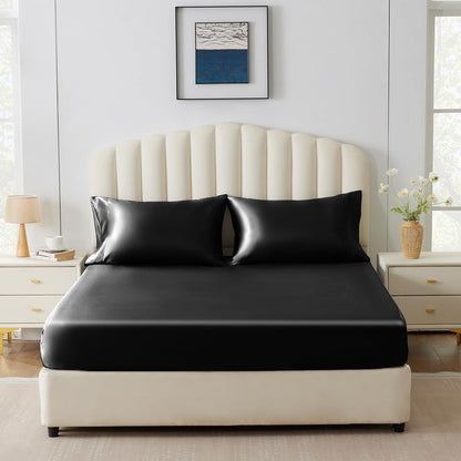 Satin Fitted Sheet Queen Size, Black Silky Satin Bed Fitted Sheet Only with Microfiber, Deep Pocket, Single Bottom Sheet Sold Separately, Breathable, Smooth and Soft