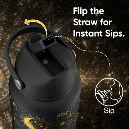 32 Oz Insulated Stainless Steel Water Bottle with Flip Straw and Handle, Leak Proof, Reusable, Wide Mouth Design - Golden Sparkle for Travel, Gym, and School