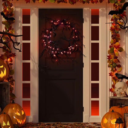 Halloween Black Branch Wreath, 18 Inch Glitter Black Twig Tree Branches Halloween Wreaths with Lights for Front Door Wall Horror Table Decor for Home Window Farmhouse Party (Branch with Red Lights)