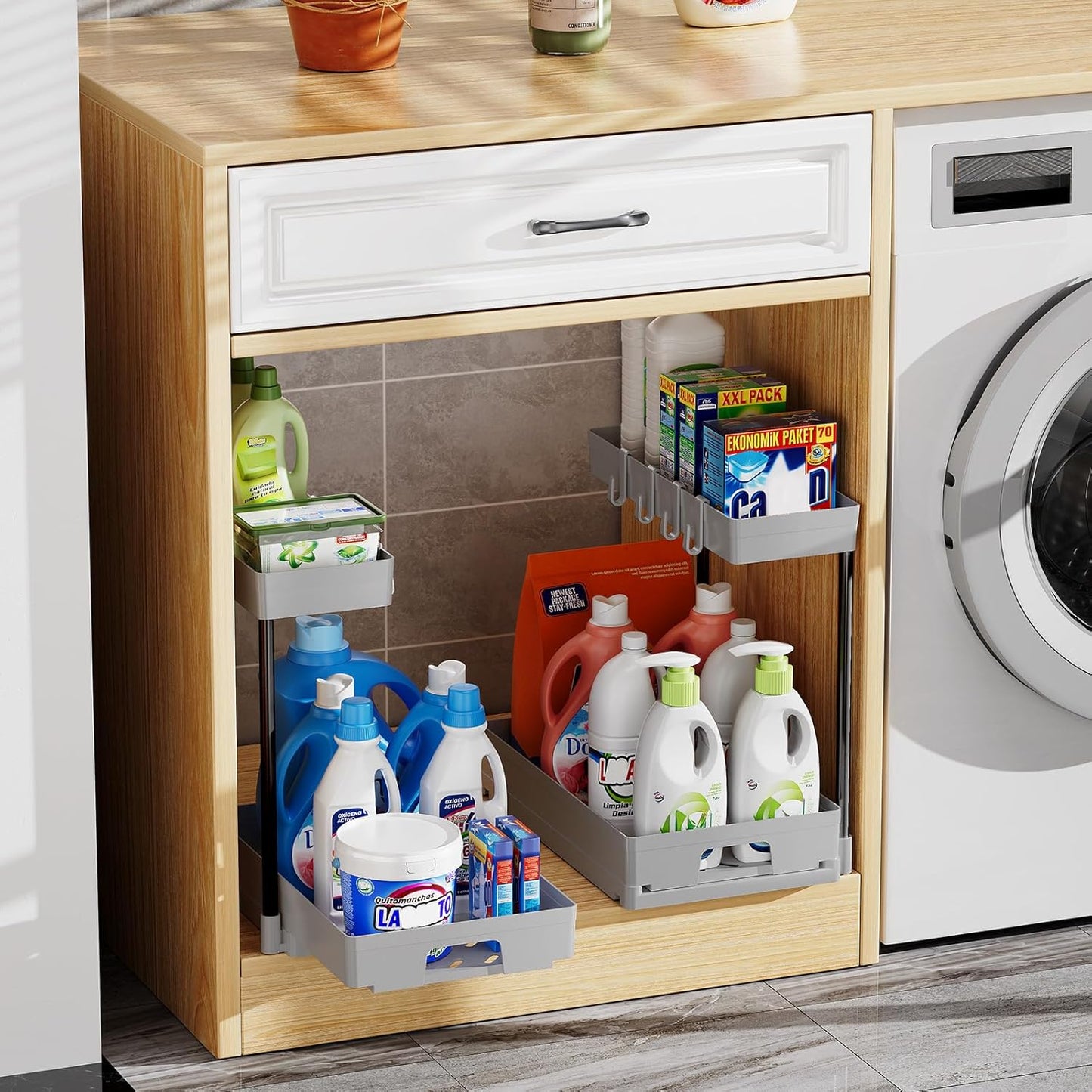 2 Pack under Sink Organizers and Storage, L-Shape Grey under Bathroom Kitchen Sink Organizer with Drawer for under Sink Storage Organizer