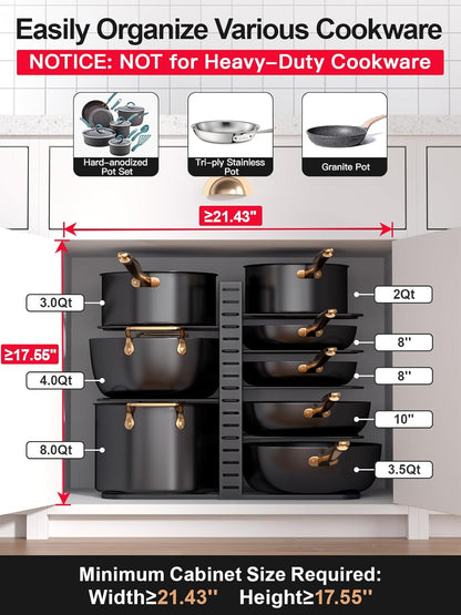 Pots and Pans Organizer Rack under Cabinet 14.55In Height, 8-Tier Kitchen Cabinet Organizers and Storage, Light-Duty Adjustable Pot Racks, Pan Organizers inside Cabinet with 3 DIY Methods
