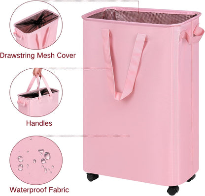 Slim Laundry Hamper with Wheels, Rolling Laundry Basket for Clothes, Small Laundry Basket for Bedroom, Dorm and Laundry Room, 60L (12.7 Gallons) Pink