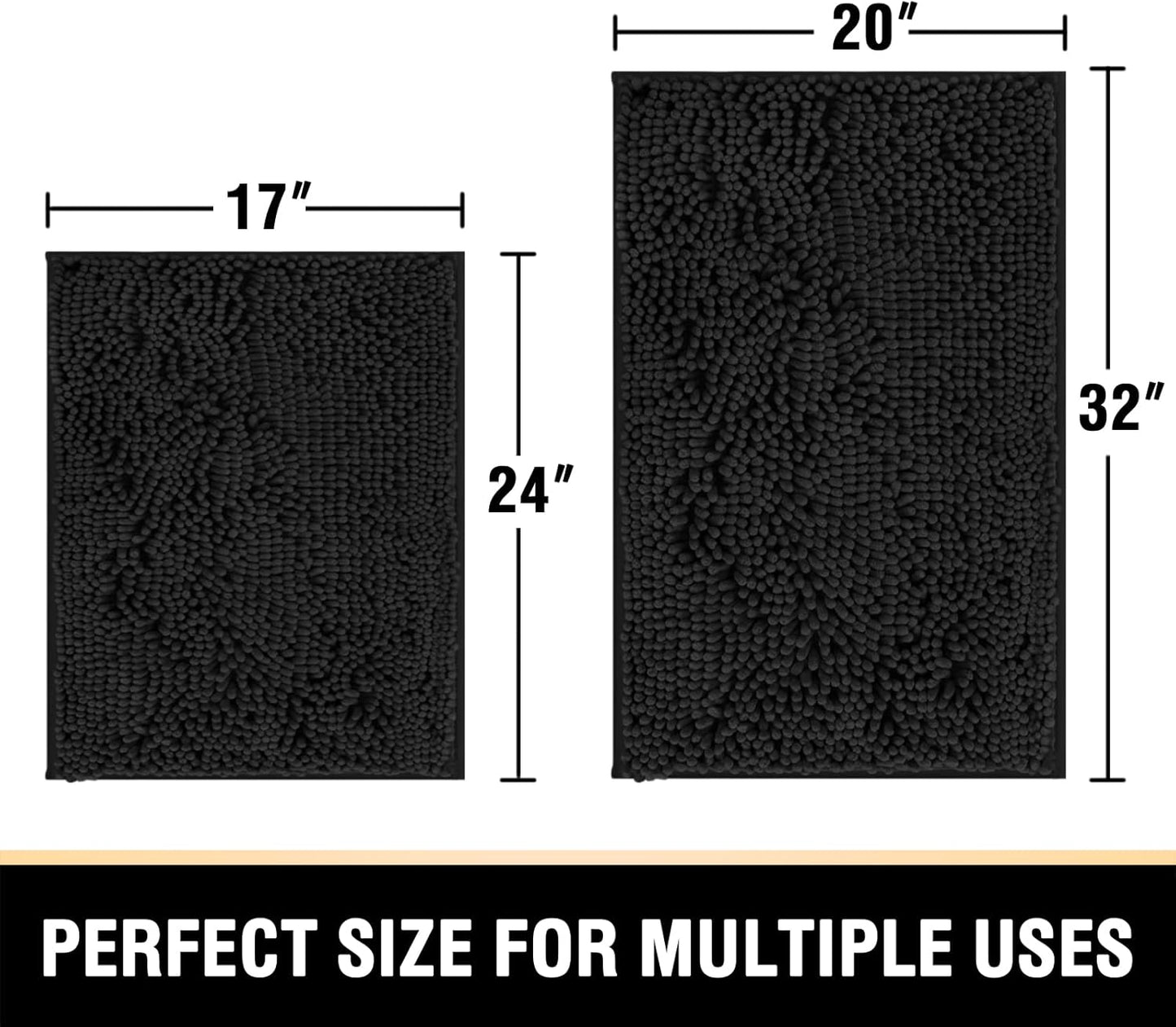 Black Bathroom Rug Set 2 Piece, Bath Mats for Bathroom Floor, Super Thick Soft Shaggy Chenille Bath Mats Machine Washable, Dry Fast Water Absorbent Bath Mats(20" X 32"/17" X 24")