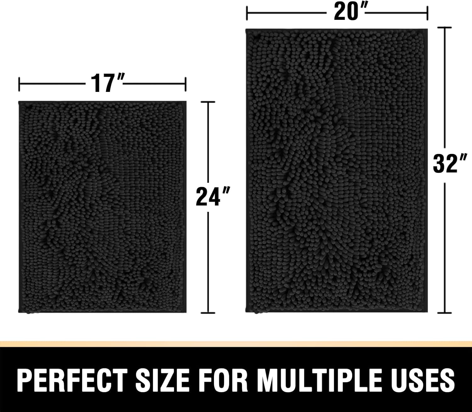 Black Bathroom Rug Set 2 Piece, Bath Mats for Bathroom Floor, Super Thick Soft Shaggy Chenille Bath Mats Machine Washable, Dry Fast Water Absorbent Bath Mats(20" X 32"/17" X 24")