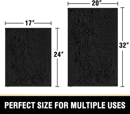 Black Bathroom Rug Set 2 Piece, Bath Mats for Bathroom Floor, Super Thick Soft Shaggy Chenille Bath Mats Machine Washable, Dry Fast Water Absorbent Bath Mats(20" X 32"/17" X 24")