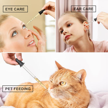 4 Pack, 1 Ml Glass Eye Dropper with Measurement - Long & Short, Bent & Straight Tip Calibrated Glass Medicine Droppers, Accurate Dose Pipette Dropper for Essential Oils, Feeding, Ear, Lab, Health Care