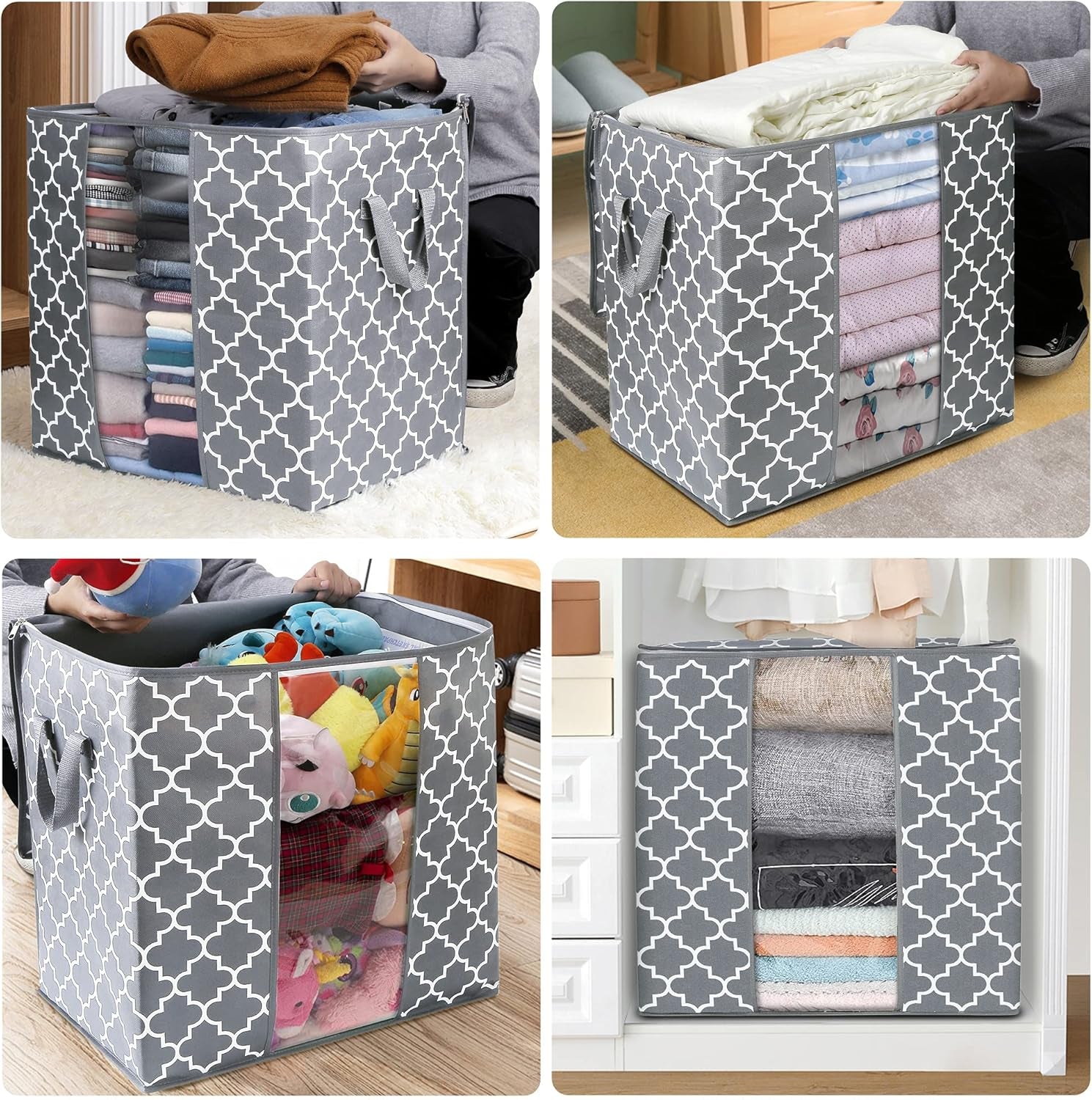 Storage Bags [3 Pack/100L] Large Blanket Clothes Organization and Storage Containers for Comforters,Bedding, Foldable Organizer with Reinforced Handle, Clear Window, Sturdy Zippers,Light Gray