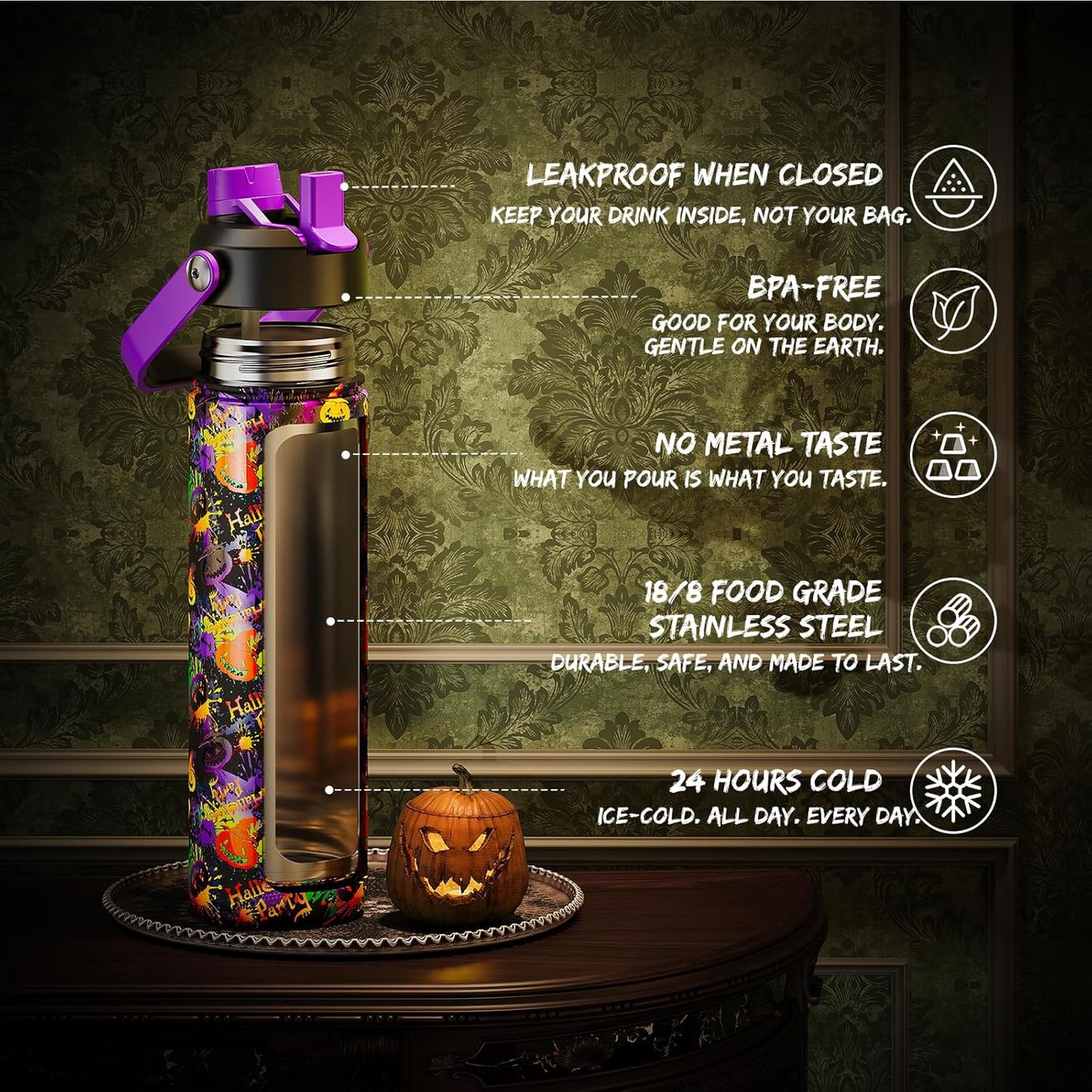 Halloween Insulated Water Bottle with Straw, Stainless Steel Water Bottle, Leak Proof Bpa-Free, Keeps Cold for 24 Hours for Sports, Skull Spooky Holiday Gifts (26 Oz, Ghost Party)