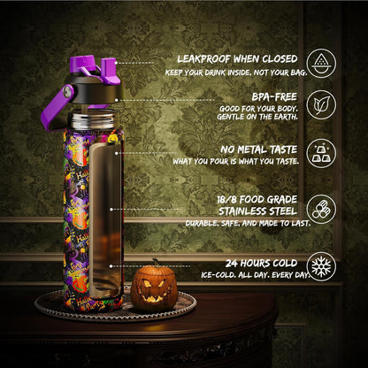 Halloween Insulated Water Bottle with Straw, Stainless Steel Water Bottle, Leak Proof Bpa-Free, Keeps Cold for 24 Hours for Sports, Skull Spooky Holiday Gifts (26 Oz, Ghost Party)