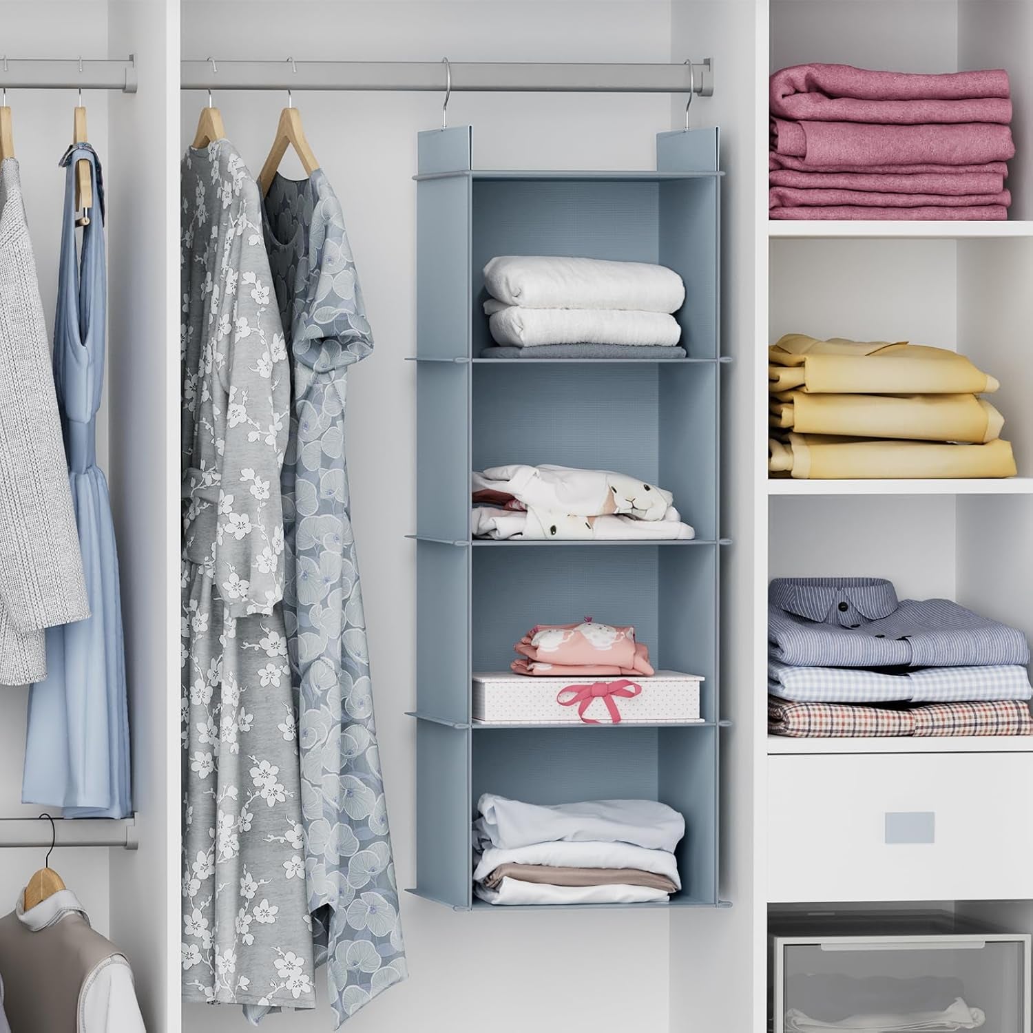 Hanging Closet Organizer, 4-Shelf Closet Hanging Shelves, Grey