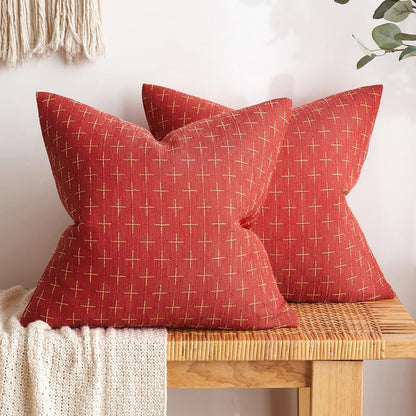 Pack of 2 Christmas Decorative Burlap Linen Throw Pillow Covers Modern Farmhouse Pillowcase Rustic Woven Textured Cushion Cover for Sofa Couch Bed 18X18 Inch Christmas Red