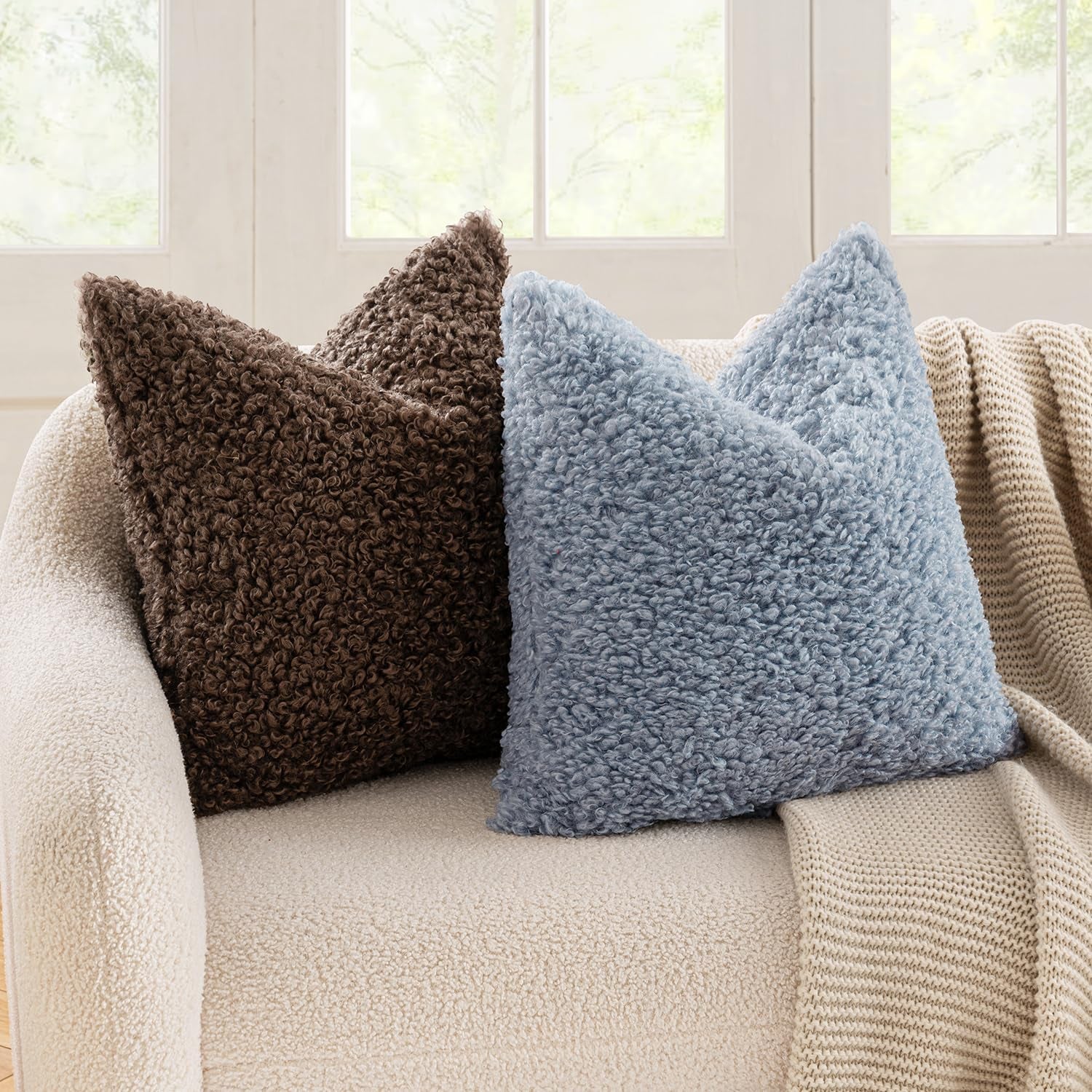 Pack of 2 Dusty Blue Faux Fur Throw Pillow Covers 18X18 Inch Boucle Decorative Sherpa Pillow Covers Fuzzy Accent Soft Sheepskin Fleece for Boho Home Decor Sofa Living Room Couch Bed