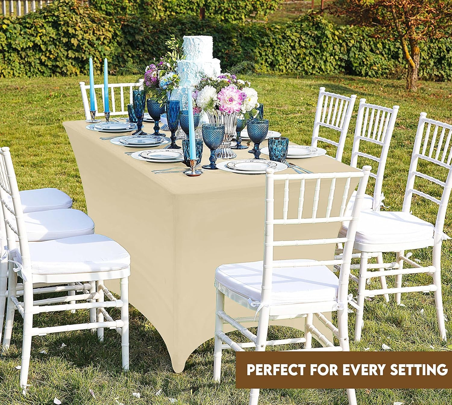 Spandex Tablecloth 2 Pack [6FT, Champagne] Tight, Fitted, Washable and Wrinkle Resistant Stretch Table Cloth Rectangle Cover for Trade Show, Weddings & Parties [72Lx30Wx30H Inch]