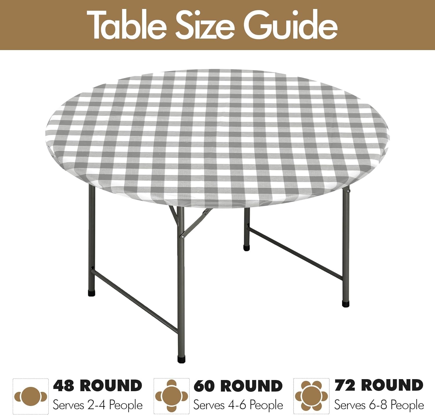 Round Vinyl Fitted Table Cover Set - 2 Pack Waterproof Checkered Elastic Edged Tablecloths with Flannel Backing for Picnics and Parties, Silver/White (Suitable for 45"-56" Round Tables)
