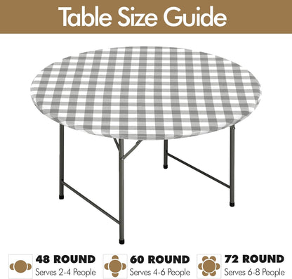 Round Vinyl Fitted Table Cover Set - 2 Pack Waterproof Checkered Elastic Edged Tablecloths with Flannel Backing for Picnics and Parties, Silver/White (Suitable for 45"-56" Round Tables)