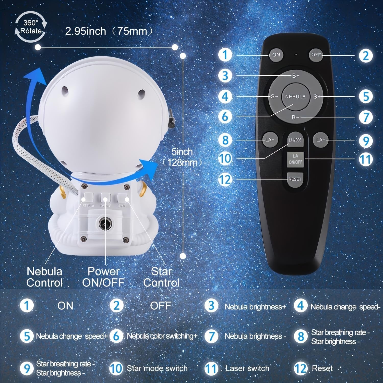 Astronaut Star Projector, Star Projector Galaxy Light for Kids，8 Modes Remote and 270° Adjustable Led Lights for Bedroom, Girls Room Decoration, Home Theater, Ceiling, Timer (White Guitar)