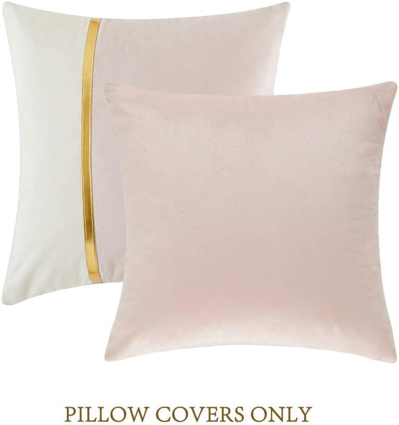 2 Packs Decorative Throw Pillow Covers 18X18 Inch for Living Room Couch Bedroom, Blush Pink and White Velvet Patchwork with Gold Leather, Luxury Modern Home Decor Cute Cushion Case 45X45 Cm