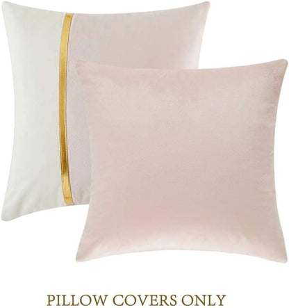 2 Packs Decorative Throw Pillow Covers 18X18 Inch for Living Room Couch Bedroom, Blush Pink and White Velvet Patchwork with Gold Leather, Luxury Modern Home Decor Cute Cushion Case 45X45 Cm