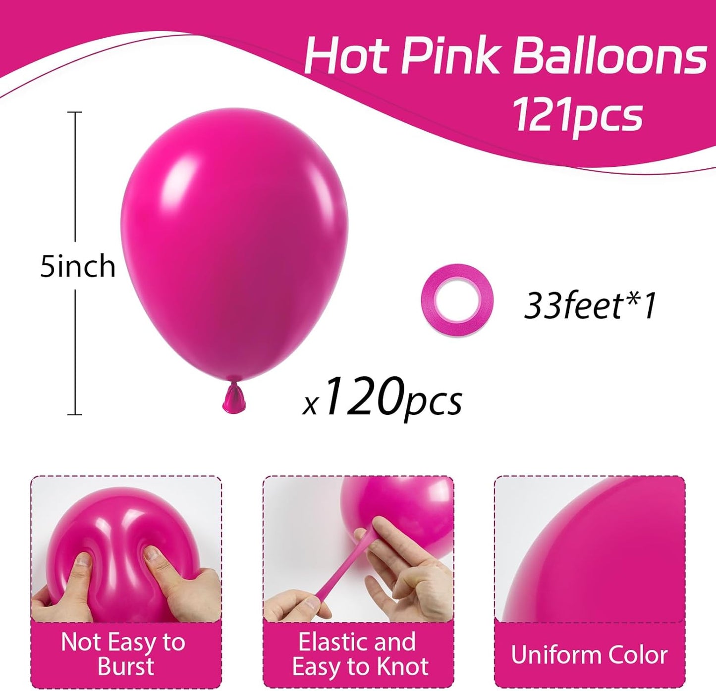 120Pcs 5 Inch Hot Pink Balloons, Small Hot Pink Latex Balloons for Wedding Engagement Bridal Bachelorette Tropical Birthday Party Decorations