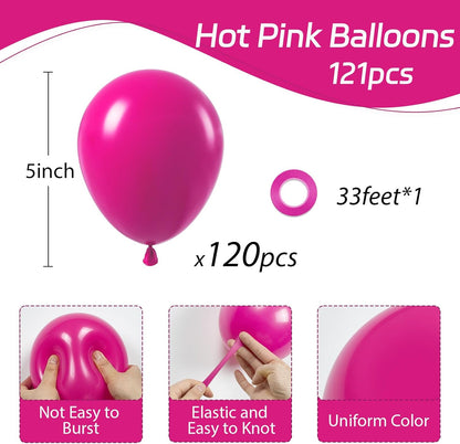 120Pcs 5 Inch Hot Pink Balloons, Small Hot Pink Latex Balloons for Wedding Engagement Bridal Bachelorette Tropical Birthday Party Decorations