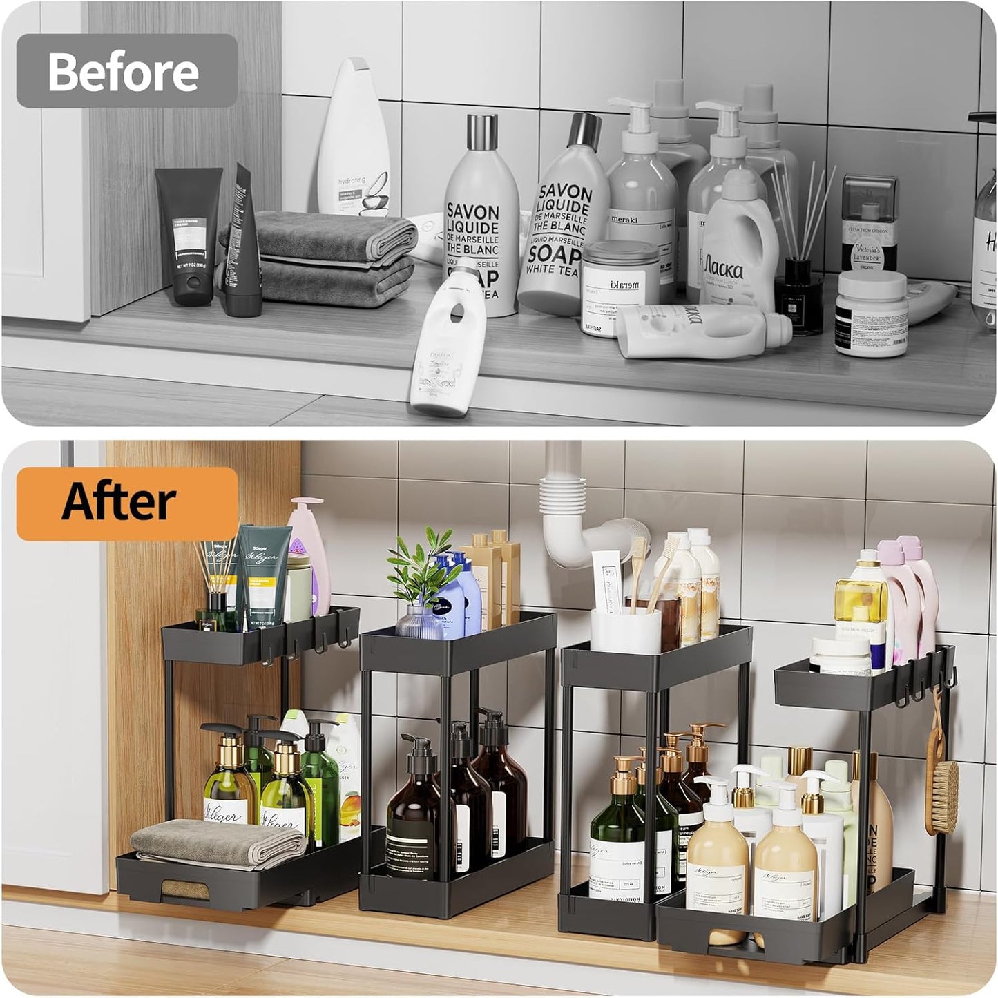 4 Pack under Sink Organizers and Storage, 2 Tier Pull Out Bathroom Cabinet Organizer, L-Shape Black under Kitchen Sink Organizer, under Counter Storage Organizer with Drawer