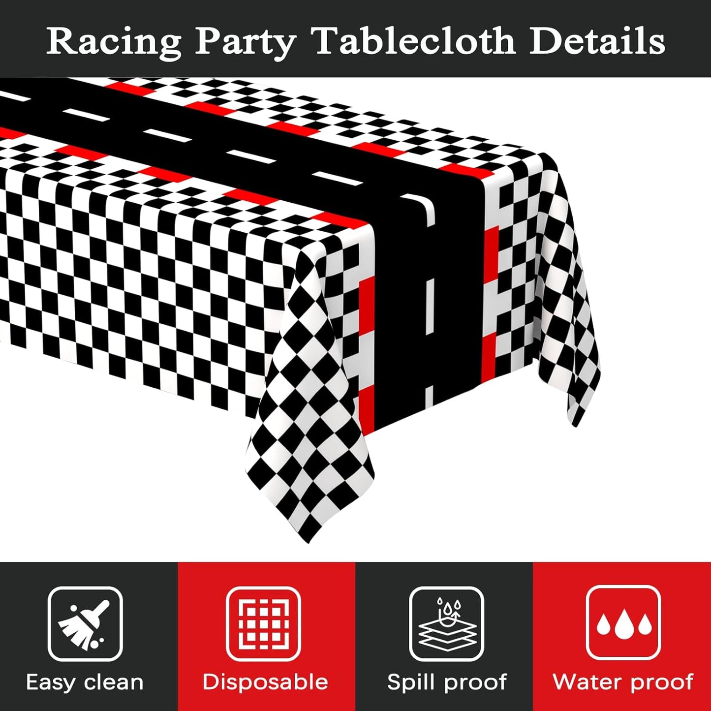2 PCS Racing Car Theme Tablecloths Car Disposable Plastic Tablecloths Black Checkered Flag Table Covers Racetrack Rectangular Tablecloth for Race Car Birthday Party Decorations, 54 X 108 Inch