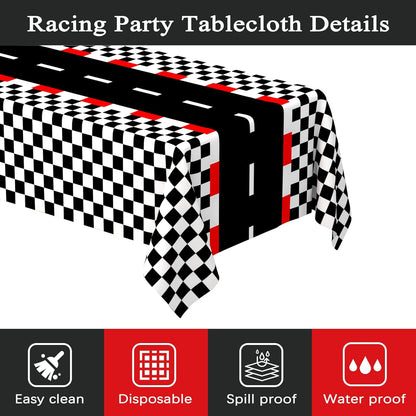 6 PCS Racing Car Theme Tablecloths Car Disposable Plastic Tablecloths Black Checkered Flag Table Covers Racetrack Rectangular Tablecloth for Race Car Birthday Party Decorations, 54 X 108 Inch