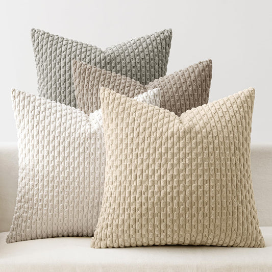 Throw Pillow Covers Soft Couch Decorative Set of 4 Boho Striped Cushion Corduroy Pillowcases Farmhouse Rustic Mid Modern Home Decor for Couch Bed Sofa Living Room 18X18 Inch Neutral Harmony