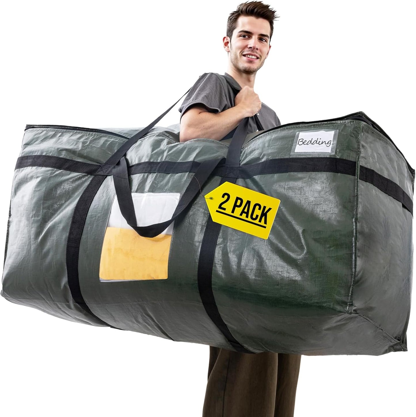 69 Gallon Extra Large Storage Bags, XXL Green Heavy Duty Moving Bags for Storage with Visible Window, Wrap around Handles, Totes for Space Saving, Alternative to Moving Boxes (2 Pack)
