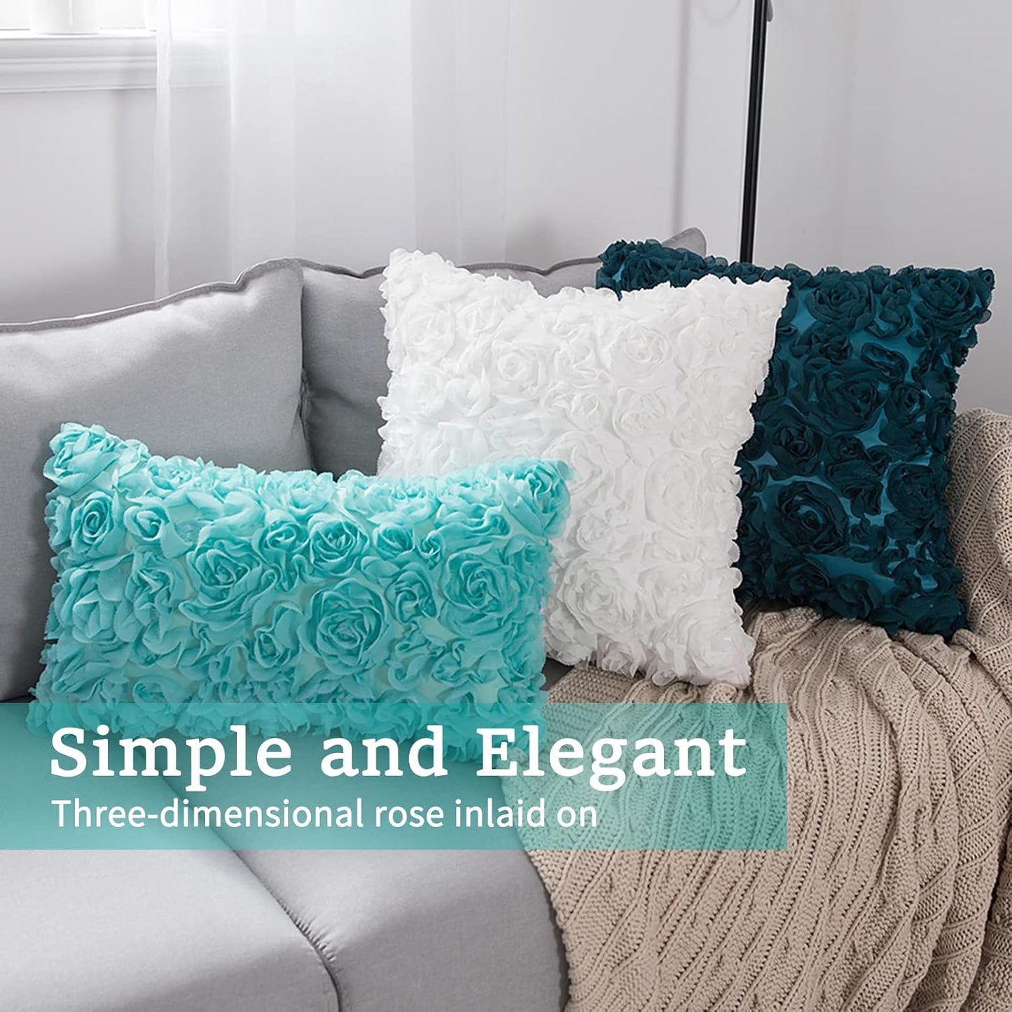 3D Decorative Romantic Valentines Stereo Chiffon Rose Flower Throw Pillow Cover Solid Pillowcase for Girl Women Wedding Sofa Bedroom Car Spring Decor 12X20 Inch 30X50Cm Aqua