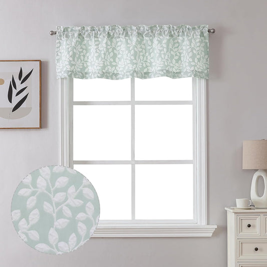 Anna White Green Valances for Windows 14 Inches Long 1 Pieces, Light Filtering Soft 3D Embossed Textured Fabric Curtains for Bedroom Basement Small Windows, 56Wx14L Inches